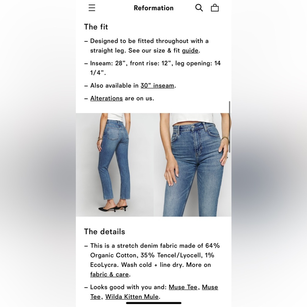 REFORMATION liza ultra high rise straight jeans sz 24 - Picture 2 of 10